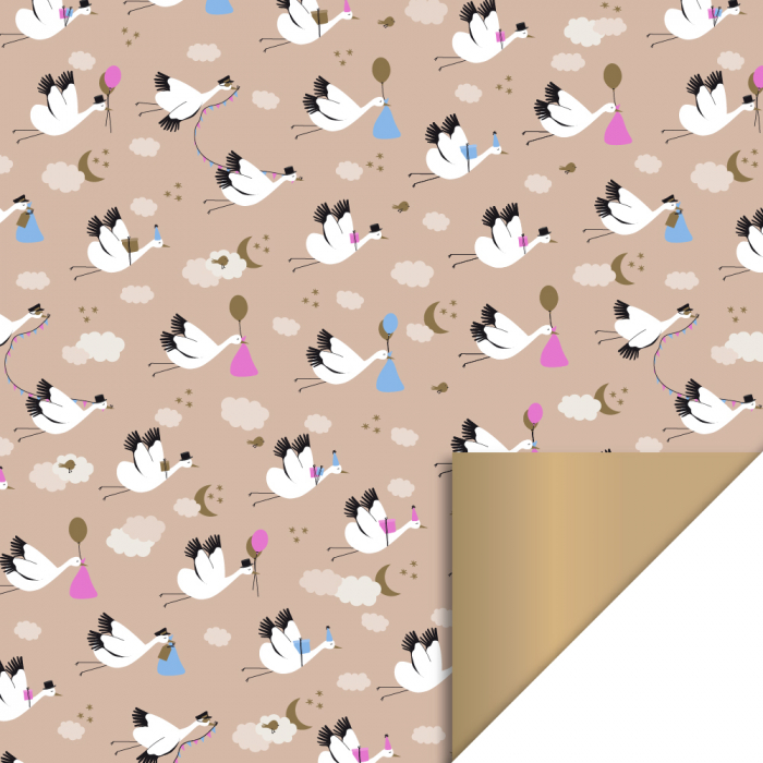 inpakpapier baby bird beige, kadopapier baby, kadopapier ooievaars, inpakken