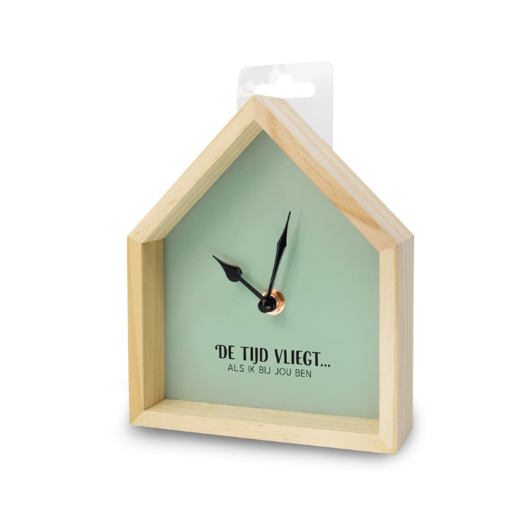huisklokje de tijd vliegt, klok kado, wandklok, klok huisje
