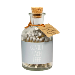 potje lucifers licht grijs, lucifers geniet lach leef,