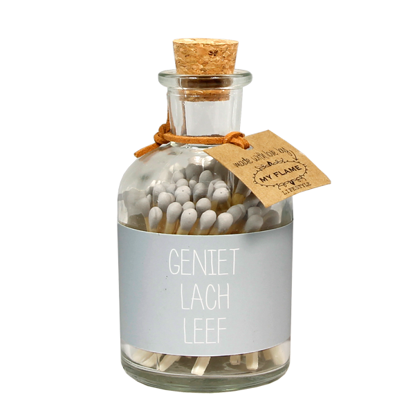 potje lucifers licht grijs, lucifers geniet lach leef,
