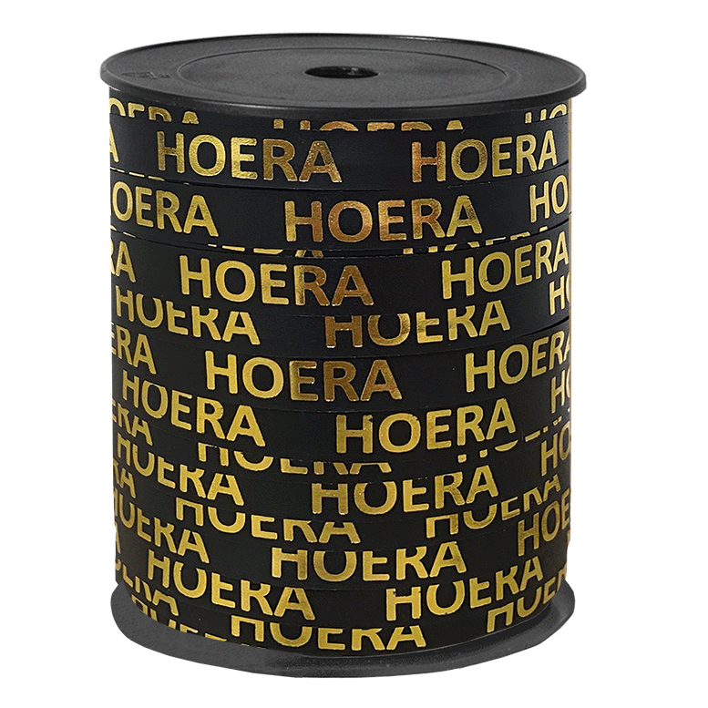 kadolint hoera zwart-goud, krullint hoera, cadeaulint, inpakken