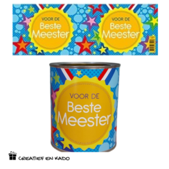 bliklabel beste meester, snoepblik meester, kado meester