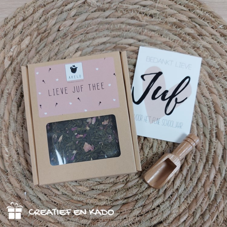 setje lieve juf thee + houten schepje, kado juf, theesetje juf