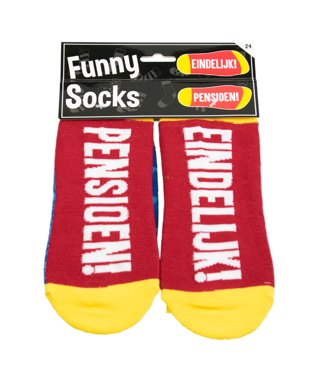 funny socks eindelijk pensioen, sokken pensioen, kado stoppen met werken, pensioen leeftijd