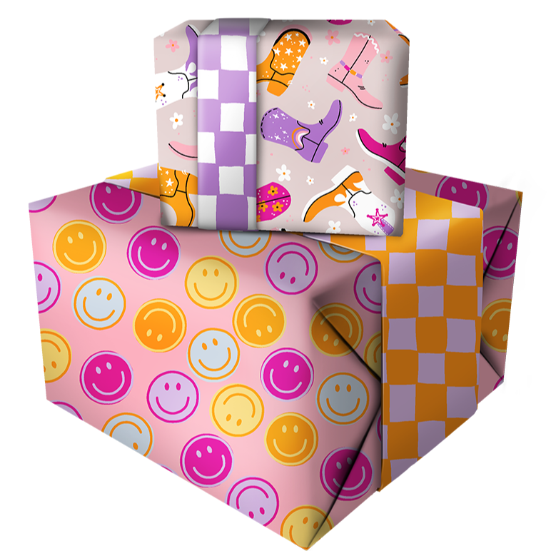 inpakpapier lucky boots, inpakpapier smiley pink, inpakinspiratie