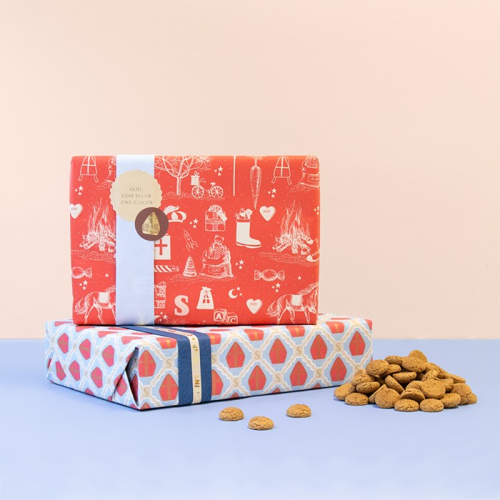 inpakpapier mijter sint, inpakpapier sint red, kadostickers sint liefs, kadostickers mijter, inpakken, inpakinspiratie