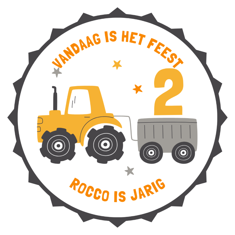 , traktatie stickers trekker geel met naam en leeftijd, boerderij traktatie, Traktatie stickers trekker geel, rocco 2 jaar