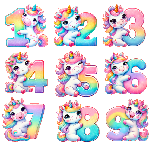 traktatie stickers eenhoorn met naam verjaardag cijfers 1-9, eenhoorn traktatie