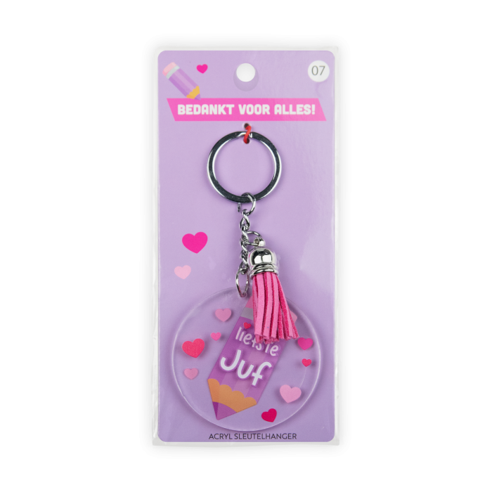 acryl sleutelhanger juf verpakking