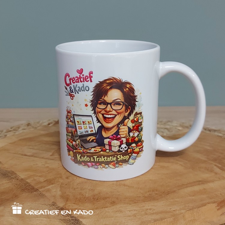 foto mok karikatuur, mok met eigen karikatuur, mok met eigen foto, foto kado, mok Creatief en Kado
