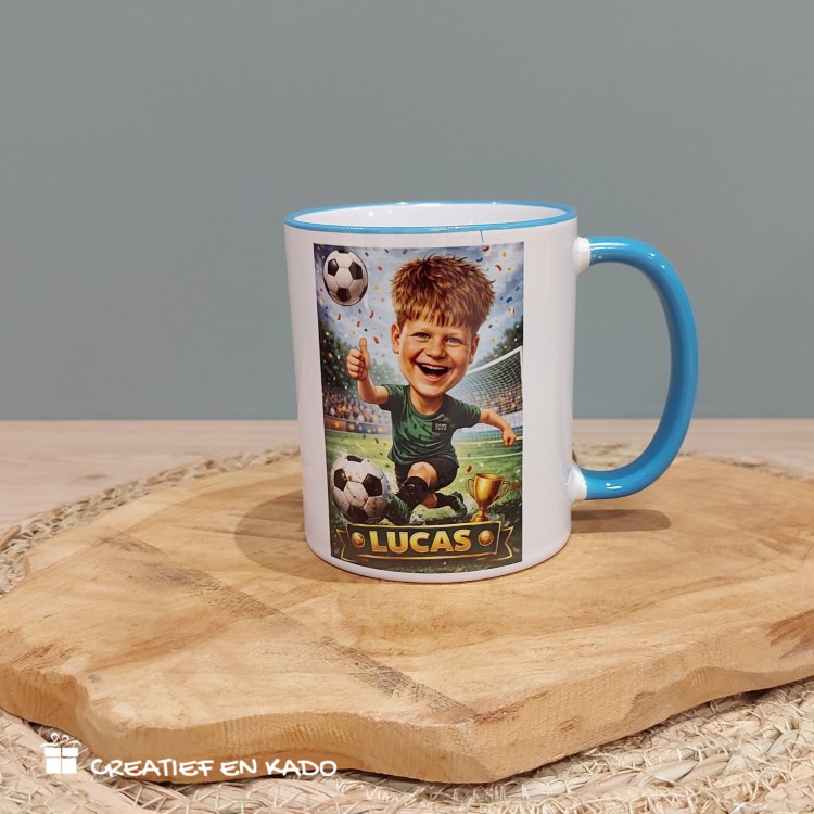 foto mok karikatuur, mok met eigen karikatuur, mok met eigen foto, foto kado, mok Lucas voetbal