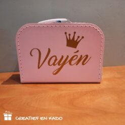 kinderkoffertje met naam en afbeelding, koffertje kroontje, kado koffer roze