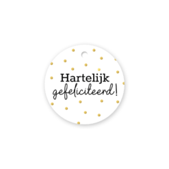 wit rond kadolabel hartelijk gefeliciteerd met gouden stippen