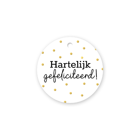 wit rond kadolabel hartelijk gefeliciteerd met gouden stippen